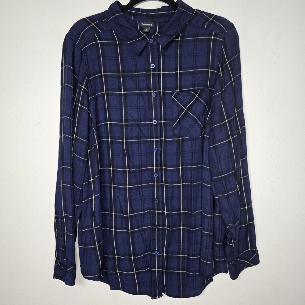 Torrid Womens 2X Blue Plaid Button Up Lobg Sleeve Shirt Dark Academia Top
